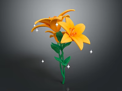 Cartoon Scene Featuring Orange Lilies With Green Stem And Leaves And White Sparkles 3d model