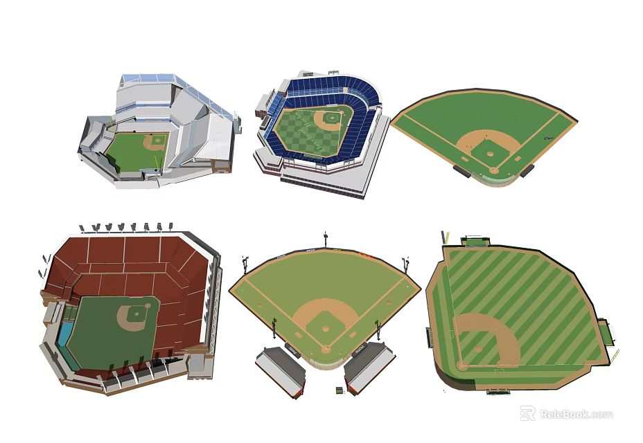Different Baseball Stadium Sports Facility Designs With Seating Areas And Field Layouts 3d model 