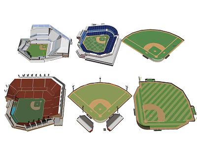 Different Baseball Stadium Sports Facility Designs With Seating Areas And Field Layouts 3d model