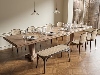 Stylish Wooden Dining Table With Chairs Bench Tableware Glasses Pendant Lights And Herringbone Floor 3d model