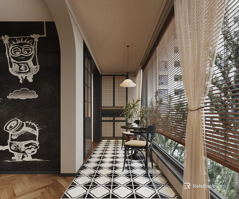 Decorative Home Balcony with Minion Cloud Mural Checkered Floor Bamboo Blinds Table Chairs and Plants 3d model 