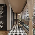 Decorative Home Balcony with Minion Cloud Mural Checkered Floor Bamboo Blinds Table Chairs and Plants