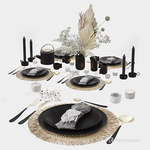 Modern Black Dinnerware Set With Woven Placemats Cutlery Dried Flowers Vase And Candles 3d model 