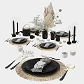 Modern Black Dinnerware Set With Woven Placemats Cutlery Dried Flowers Vase And Candles