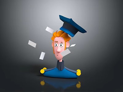 Flying Paper Sheets Around Graduation Cap On Blue Cartoon Figure With Yellow Base 3d model