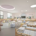 Bright Kindergarten Interior With Round Ceiling Lights Colorful Stools And Round Tables For Kids