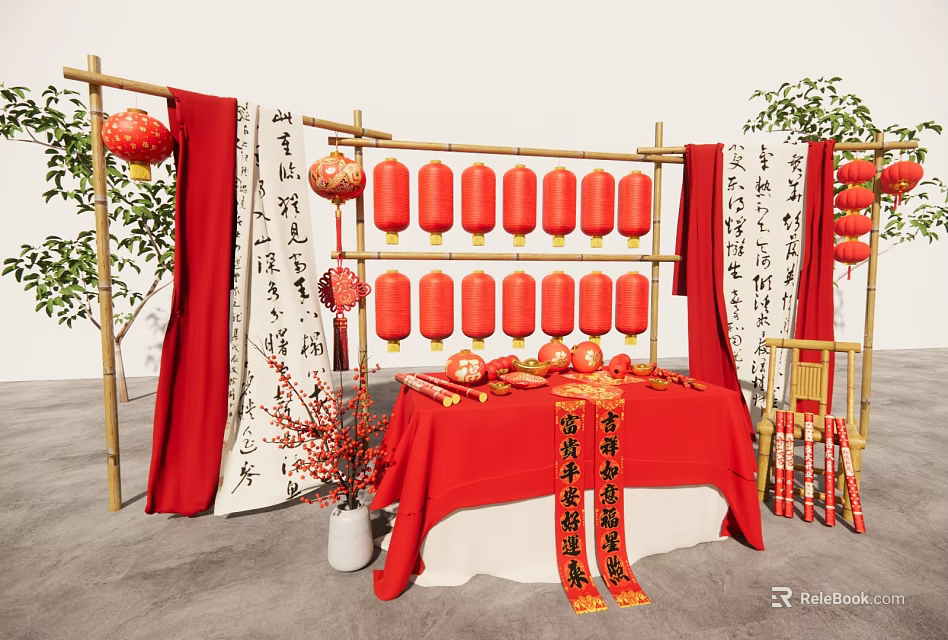 Art Installation With Bamboo Frame Red Lanterns Chinese Calligraphy Scrolls And Red Tablecloth Decorations 3d model 