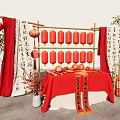 Art Installation With Bamboo Frame Red Lanterns Chinese Calligraphy Scrolls And Red Tablecloth Decorations