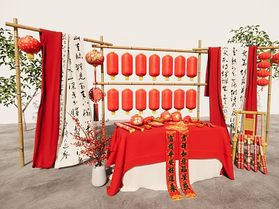 Art Installation With Bamboo Frame Red Lanterns Chinese Calligraphy Scrolls And Red Tablecloth Decorations 3d model