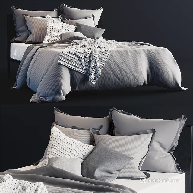 Cozy Double Bed With Gray Bedding Multiple Pillows And Soft Duvet 3d model 