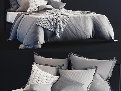Cozy Double Bed With Gray Bedding Multiple Pillows And Soft Duvet 3d model