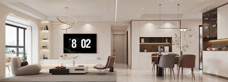 Modern Living Dining Room Interior With Open Layout Sofa Dining Table Chairs And Pendant Lights 3d model