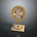 Golden Mechanical Device With Intricate Gears And Circular Scales On Square Base