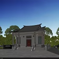 Traditional Ancient Architecture With Classic Roof Red Door Stone Steps And Green Trees