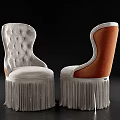 Elegant Light Colored Upholstered Dining Chairs With Tufted Backrest And Fringe Trim 3d model