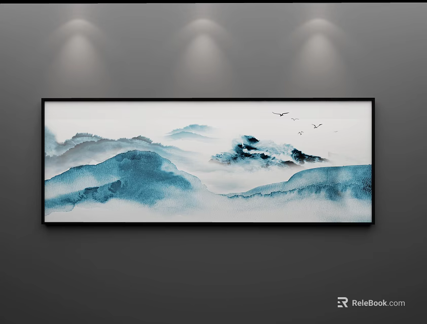 Chinese Ink Landscape Painting With Blue Mountains Misty Clouds And Flying Birds 3d model 