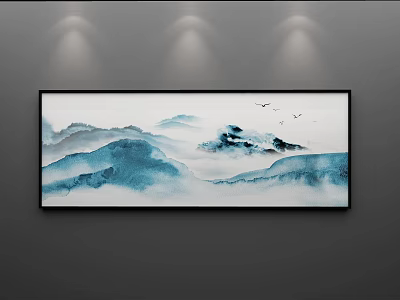 Chinese Ink Landscape Painting With Blue Mountains Misty Clouds And Flying Birds 3d model