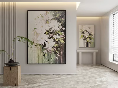 Modern Interior Decor With Large Floral Painting Small Artwork And Wooden Floor 3d model