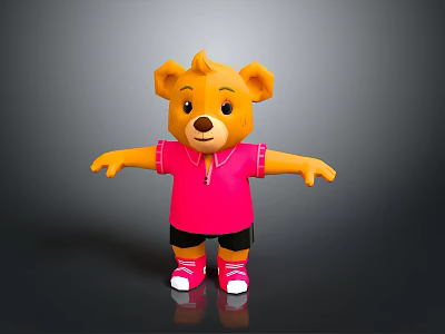 Cute Yellow Fur Cartoon Bear Doll Wearing Pink Shirt Black Shorts And Pink Shoes 3d model