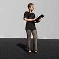 Woman Standing Holding Folder In Black Top Striped Pants On Dark Floor With Gray Background