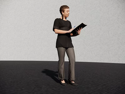 Woman Standing Holding Folder In Black Top Striped Pants On Dark Floor With Gray Background 3d model