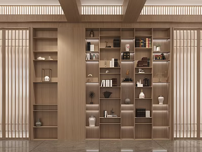 Wooden Display Shelves with Multiple Compartments Holding Decorative Items Books and Vases in Indoor Space 3d model