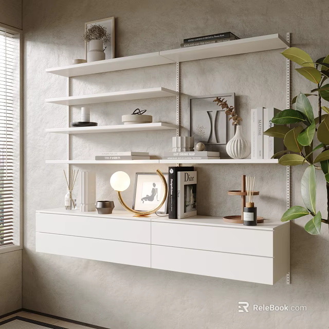 Ornamental Decor Collection on White Floating Shelves with Vase Books and Green Plant 3d model 