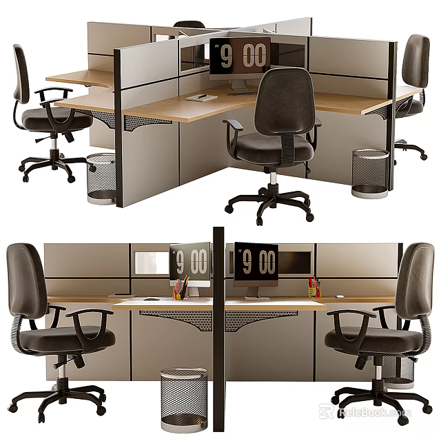 Modern Office Desk With Partition Office Chair Computer And Accessories 3d model 