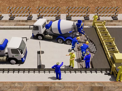 Road Infrastructure Construction Site With Concrete Mixer Truck Workers And Paving Pavement 3d model