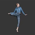 Woman In Blue Shirt And Blue Jeans Balancing On One Leg Against Gray Background