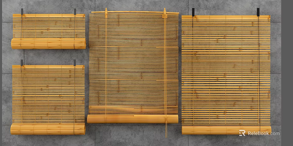 Bamboo Blinds In Different Styles Mounted On Gray Wall For Home Decoration 3d model 