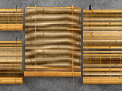 Bamboo Blinds In Different Styles Mounted On Gray Wall For Home Decoration 3d model
