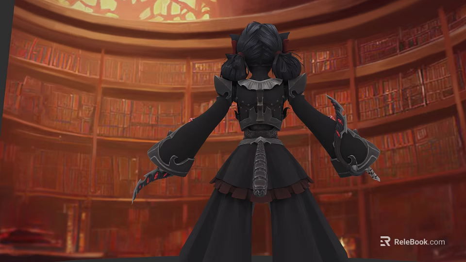 Woman in Black Outfit Standing in Library with Bookshelves Filled with Books and Warm Lighting 3d model 