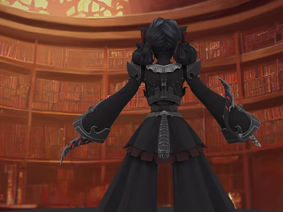 Woman in Black Outfit Standing in Library with Bookshelves Filled with Books and Warm Lighting 3d model