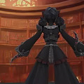 Woman in Black Outfit Standing in Library with Bookshelves Filled with Books and Warm Lighting