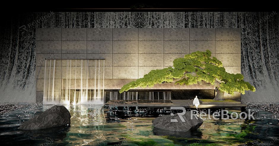 New Chinese style landscape sketch falling water landscape wall spitting water landscape wall welcoming pine stone model