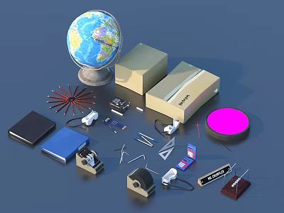 Daily Life Supplies With Globe Notebooks Boxes Scissors Calculator And Tape Dispenser 3d model