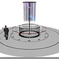 Cultural Art Exhibition Hall With Circular Platform Vertical Metal Structures And Purple Blue Light Projections