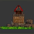 Wooden Cart With Red Canopy Surrounded By Green Plants And Barrels
