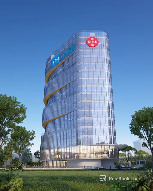 Modern Office Building Exterior With Spiral Blue Glass Curtain Wall And Red SINE Logo 3d model 