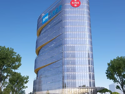 Modern Office Building Exterior With Spiral Blue Glass Curtain Wall And Red SINE Logo 3d model
