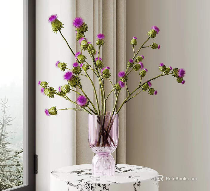 Transparent Pink Vase With Purple Flowers Placed On White Table Near Window Curtains 3d model 