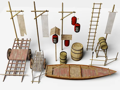 Traditional Wooden Items Display With Cart Barrels Boat Ladder Flags And Lanterns 3d model