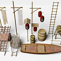 Traditional Wooden Items Display With Cart Barrels Boat Ladder Flags And Lanterns