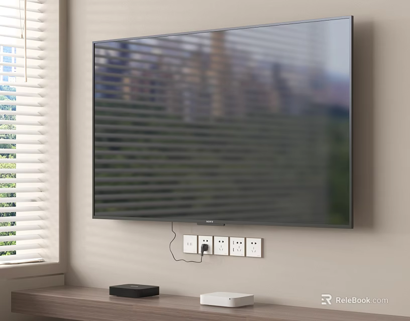 Wall Mounted TV in Living Room with Window Blinds City Green View and Devices on TV Stand 3d model 