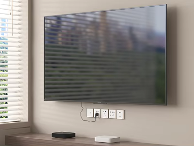 Wall Mounted TV in Living Room with Window Blinds City Green View and Devices on TV Stand 3d model