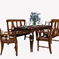 Classic Solid Wood Dining Table Set with Six Chairs Vase and Tableware 3d model
