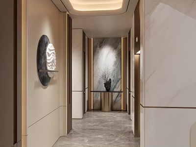 Elegant Modern Entryway Hallway Design With Marble Walls Round Mirror And Lighting 3d model