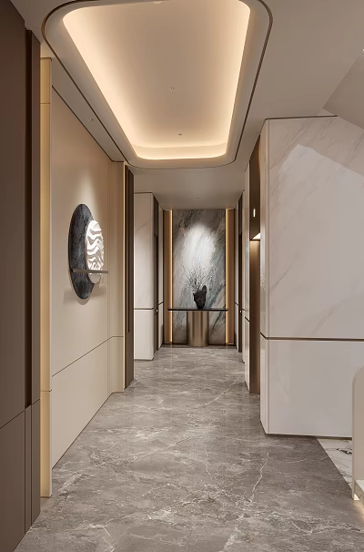 Elegant Modern Entryway Hallway Design With Marble Walls Round Mirror And Lighting 3d model