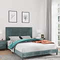 Modern Double Bed with Dark Green Velvet Headboard Checkered Pillows Orange Throw Blanket Nightstands and Lamps